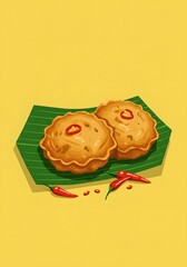 Two Savory Cakes Topped with Chili Slices on Banana Leaf
