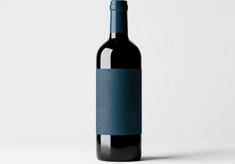 A dark, elegant wine bottle, featuring a textured, muted blue label, sits against a plain white background.