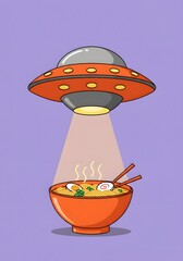 UFO Abducting Delicious Ramen Bowl with Chopsticks and Narutomaki
