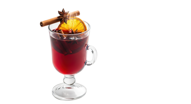 A glass mug filled with mulled wine garnished with a slice of orange, cinnamon stick, and star anise, isolated on transparent background