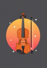 Vibrant Violin and Bow Illustration with Starbursts on Gradient Background