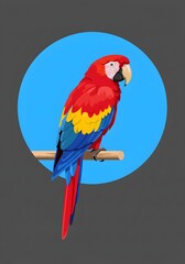 Vibrant Scarlet Macaw Parrot Perched on Branch, Tropical Bird Illustration