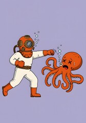 Vintage Diver Punches Octopus in Funny Underwater Illustration