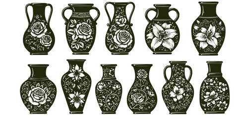 Vintage engraving design elements collection of vases with floral decorations 