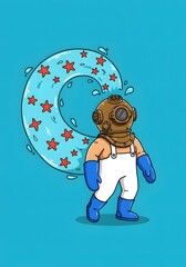 Vintage Diver with Starfish and Water Splash Cartoon