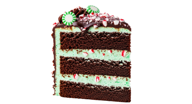 A slice of rich chocolate cake with mint green frosting and chocolate ganache, isolated on transparent background