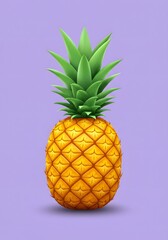 Whole Ripe Pineapple with Green Crown on Purple Background