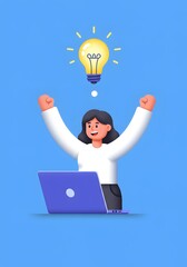 Woman Celebrates a Brilliant Idea with Laptop and Lightbulb