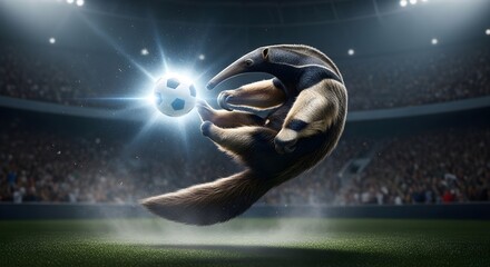 Tamandua Kicking Soccer Ball in Professional Arena for Sports Marketing, Children’s Books, Mascot Concepts and Entertaining Presentations