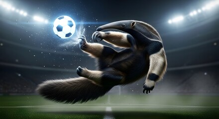 Funny Anteater Athlete Kicks Football During Night Game, Suited for Social Media Banners, Environmental Projects, and Creative Mascot Ideas
