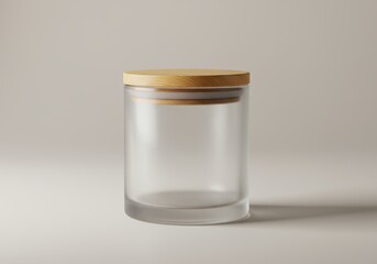 A cylindrical glass jar with a wooden lid stands on a neutral background.