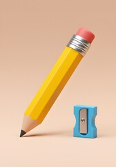 Yellow Pencil with Pink Eraser and Blue Pencil Sharpener on Beige Background