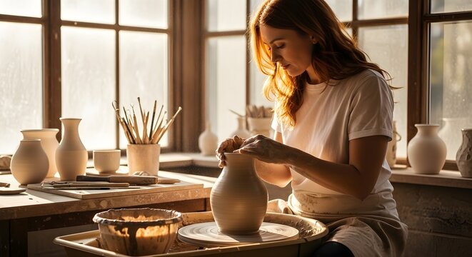 Woman crafting pottery in studio.