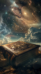 Celestial Tome: A weathered, ornate book rests upon an earthly surface, its cover adorned with intricate designs. Above, the cosmos unfolds in a breathtaking panorama of stars, nebula.