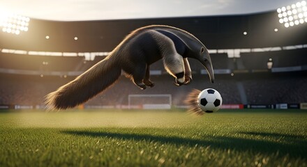 Funny Tamandua Kicking Ball on Football Field, Ideal for Children’s Learning Materials and Unique Social Media Engagement