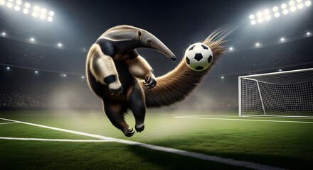 Giant Anteater Performing Soccer Trick in Stadium Lights, Great for Playful Editorials, Wildlife Campaigns and Animated Mascot Projects