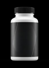 Fototapeta premium A glossy white plastic bottle with a black label featuring a modern geometric design stands out against a stark black background.
