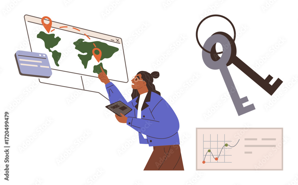 Poster woman interacting with a world map and touchscreen tablet, pinpointing locations. keys symbolize sol