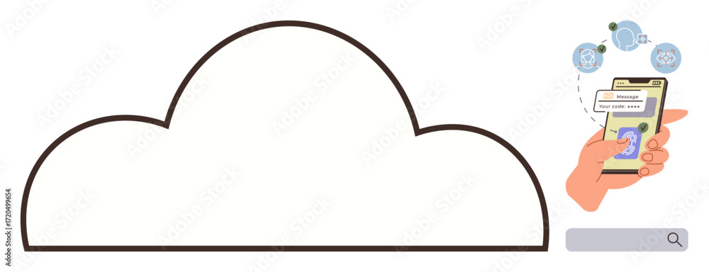 Poster large cloud outline, mobile phone syncing data, icons for storage and connectivity. ideal for cloud 