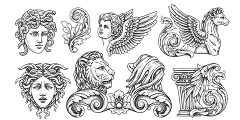 Mythical statue elements with engraving design 