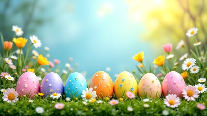 A vibrant display of colorful Easter eggs nestled among blooming flowers, creating a cheerful spring atmosphere.