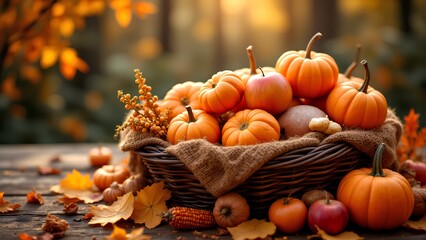 A cozy basket filled with vibrant pumpkins, surrounded by autumn leaves, evoking the warmth and beauty of fall.