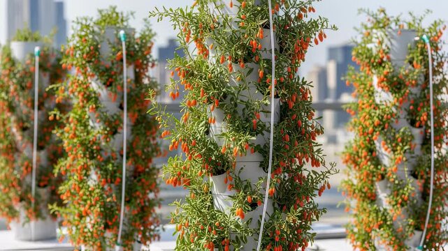Medium shot showing the integration of scalable hydroponic towers filled with goji berry plants illustrating innovative urban farming methods for maximizing yield.