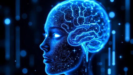 A digital representation of a human head with a glowing, intricate neural network design, symbolizing artificial intelligence and advanced technology.
