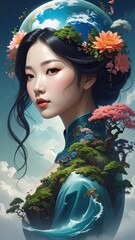 Woman with Earth Globe and Pixelated Nature