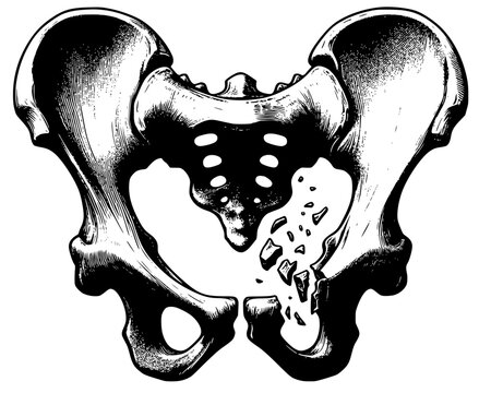 pelvic girdle, human anatomy, ilium, ischium, pubis, sacrum, coccyx, skeletal system, pelvis, bone structure, medical illustration, anatomy art, black and white, contour drawing, educational, anatomic