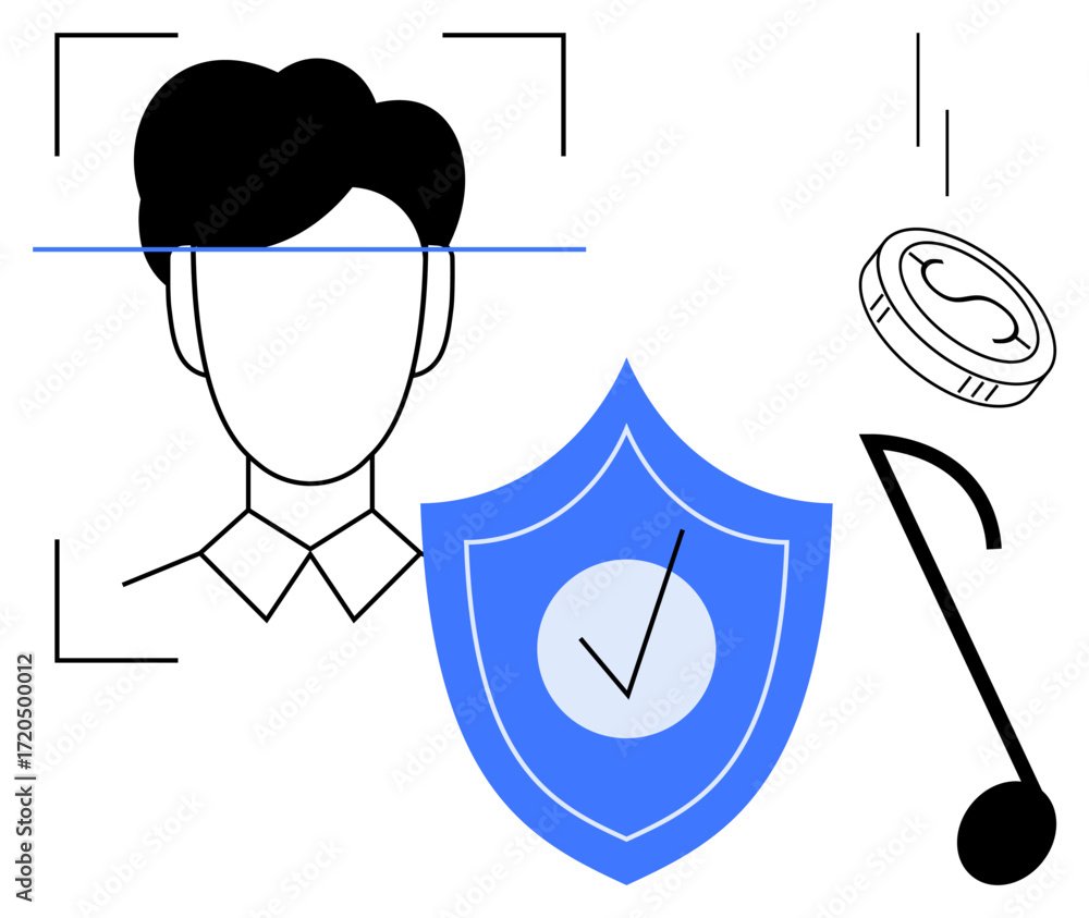 Poster face scanning with a shield checkmark for security, music note, and coin highlight technology themes