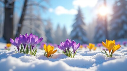 Vibrant purple and yellow crocus flowers emerge from a snowy landscape on a sunny day, showcasing the beauty of spring amidst winter.