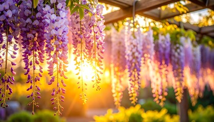 Sunlight streams through cascading purple flowers, creating a warm, ethereal glow. A floral arch graces the upper frame