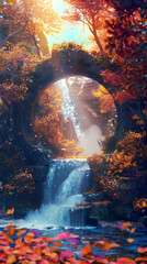 Enchanted Cascade: A captivating scene unfolds as a circular stone archway frames a cascading waterfall, bathed in the warm hues of an autumnal forest. The light gracefully descends.