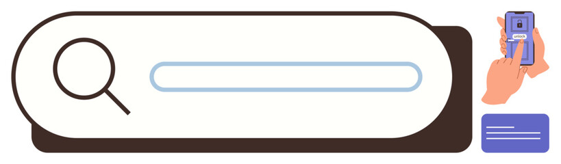 Obraz premium Magnifying glass next to a search bar, hand holding a smartphone, and a document suggest data search, internet navigation, or information access. Ideal for technology, browsing, research