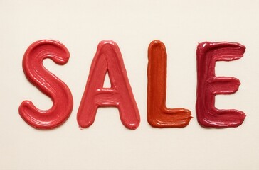 Word SALE written with glossy lipstick smears in red and pink shades. Creative beauty concept for makeup promotions and holiday discounts.