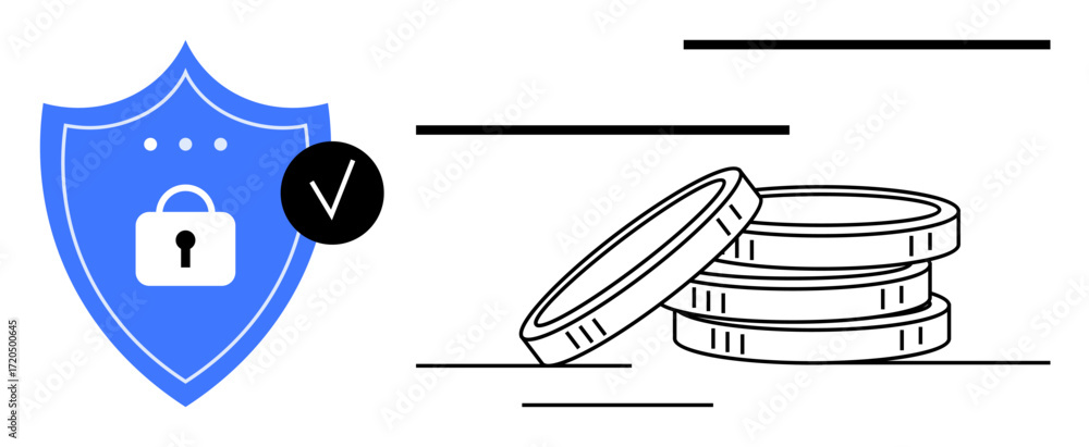 Aufkleber blue shield with lock and checkmark next to stacked coins representing online security and digital e