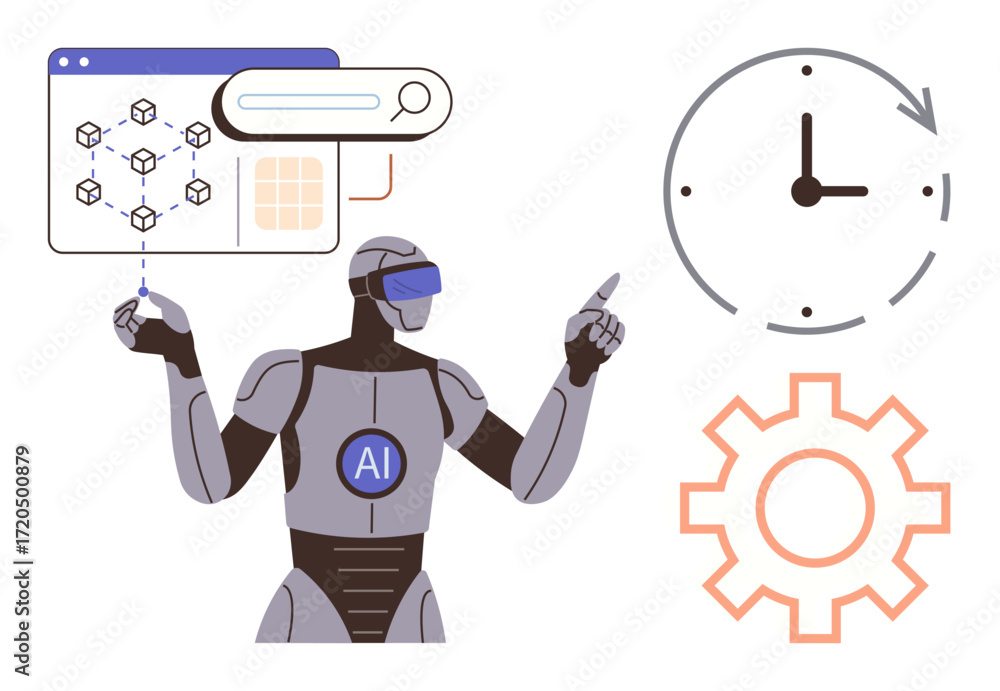 Poster advanced robot with ai badge interacting with data graph, search bar, clock, and gear. ideal for tec