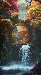 Golden Portal to Autumn Serenity: A breathtaking landscape unfolds as water cascades gracefully over rocks into a serene pool.