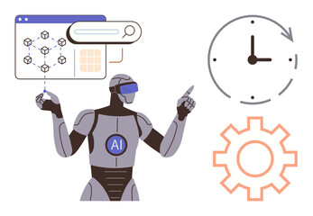 Advanced robot with AI badge interacting with data graph, search bar, clock, and gear. Ideal for technology, innovation, automation, optimization machine learning robotics workflow. Simple flat