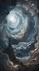 Celestial Portal: The artwork depicts a mesmerizing spiral of clouds, converging towards a radiant light. It embodies themes of hope and infinite possibilities.