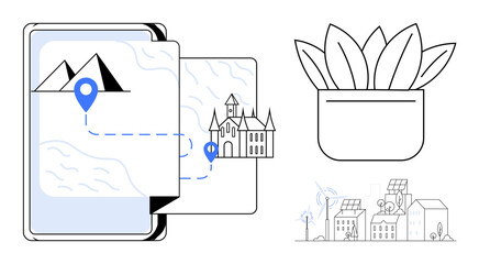 Map on digital tablet with location pins, a scenic route between mountains and castle, potted plant, sustainable cityscape with solar panels, wind turbines. Ideal for travel, navigation