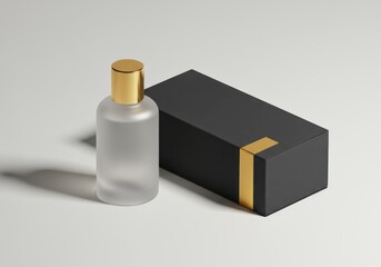 A frosted glass bottle with a gold cap sits beside a sleek black box with a gold accent strip, creating a minimalist presentation for a luxury product.