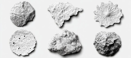Abstract grayscale shapes resembling fragmented rocks or minerals