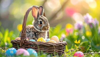 Adorable Brown Rabbit in Easter Basket with Colorful Eggs