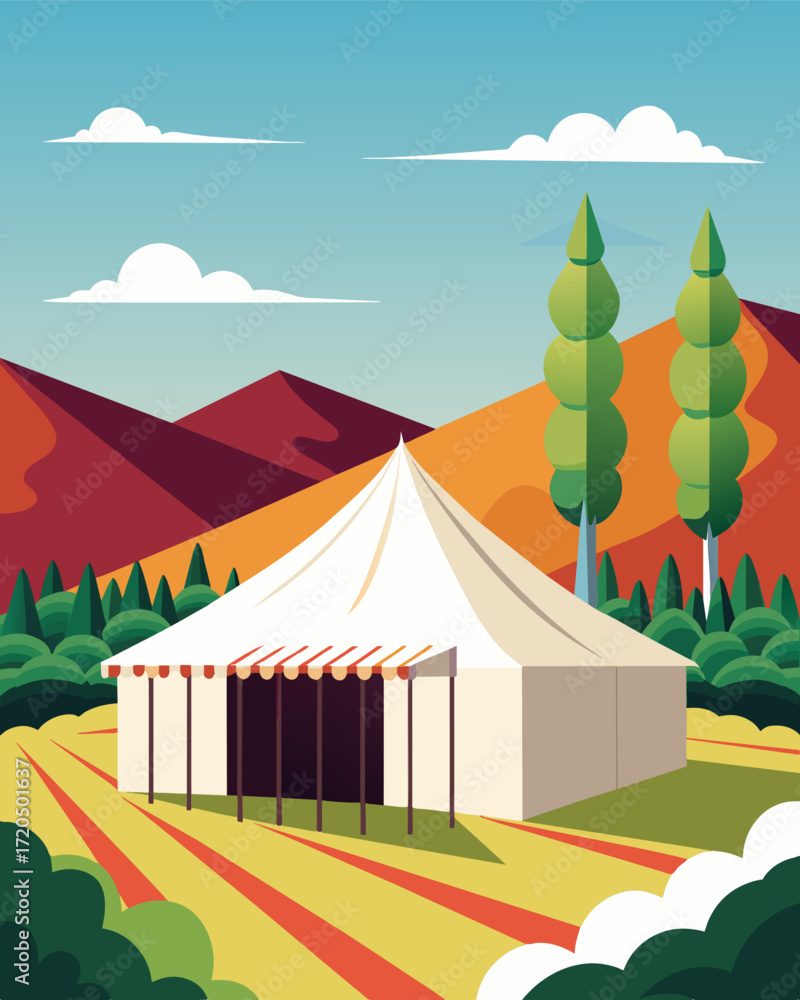 Poster a large white tent has been set up in the vineyard serving as a temporary meeting space for a busy t