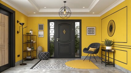Interior of a vibrant yellow hallway with modern decor and black door