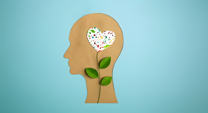 World Heart and Mental Health Day. Paper Cut as Human Head with Leaf Tree and Colorful Heart Shape Flower inside the Brain. Psychology, Creativity and Positive Mind Concept