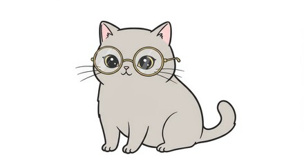 Obraz premium A cute, light gray cartoon cat wearing round, wire-rimmed glasses sits patiently against a white background.