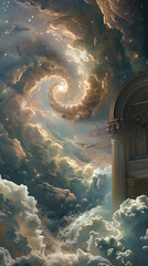 Ephemeral Celestial Dance: The image is a breathtaking, ethereal composition of swirling clouds. A classical column offers a frame for the divine atmospheric dance.